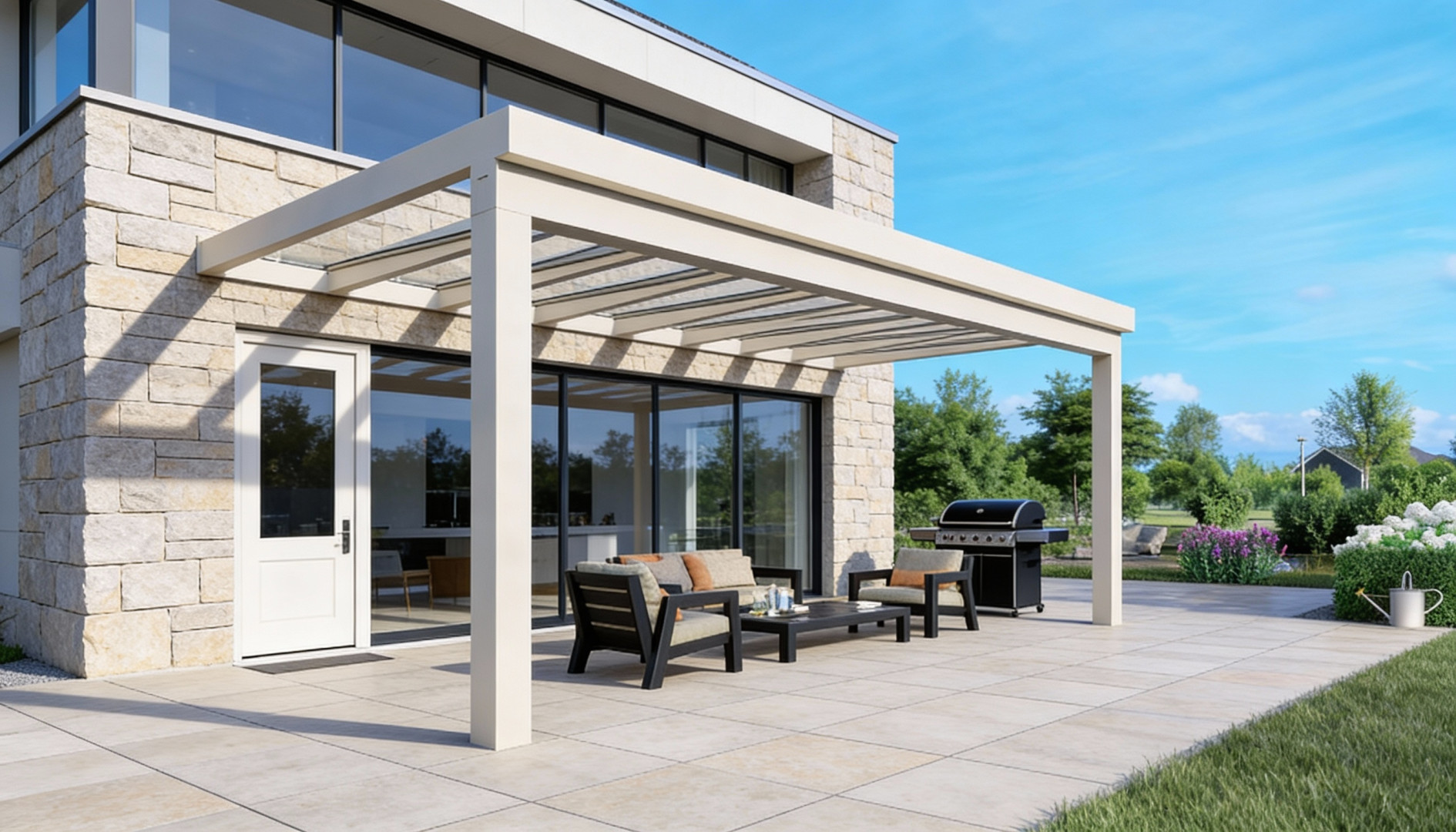 Moderní bílá hliníková pergola se skleněnou střechou na terase rodinného domu s venkovním nábytkem a grilem.
