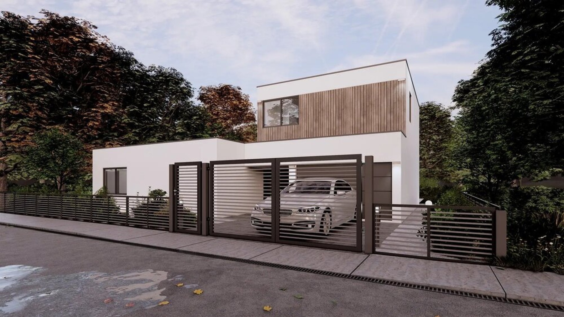 Moderní rodinný dům s černým horizontálním lamelovým plotem a bránou, před kterou stojí stříbrné auto.