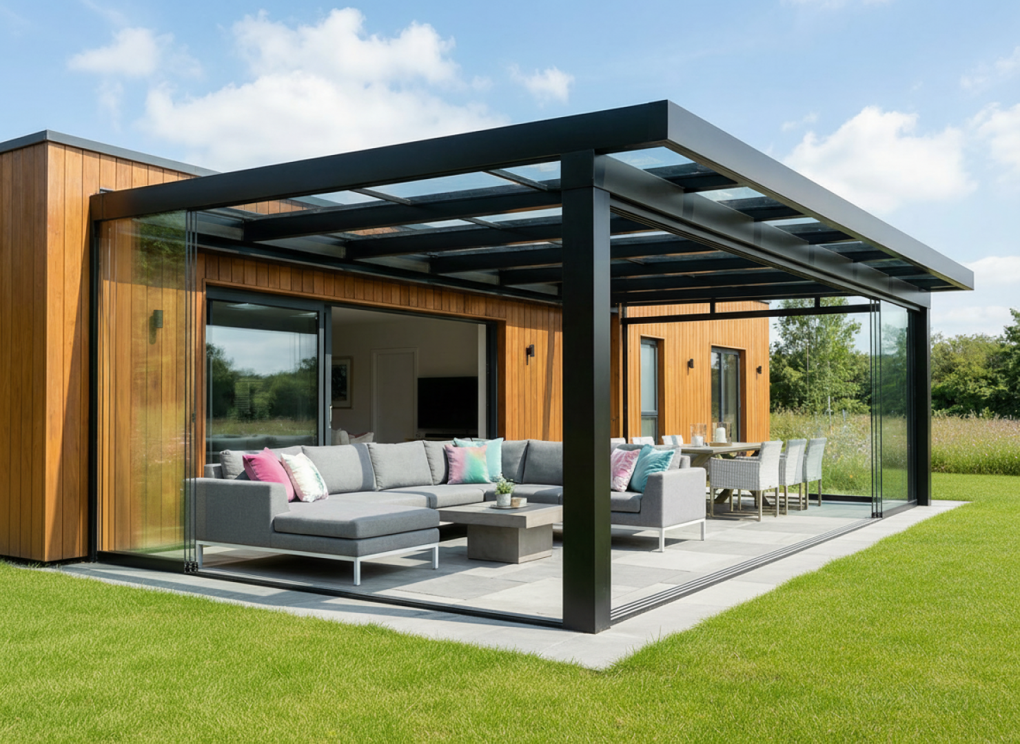 Moderní prosklená pergola s černou hliníkovou konstrukcí a šedým zahradním nábytkem na terase u dřevěného domu.